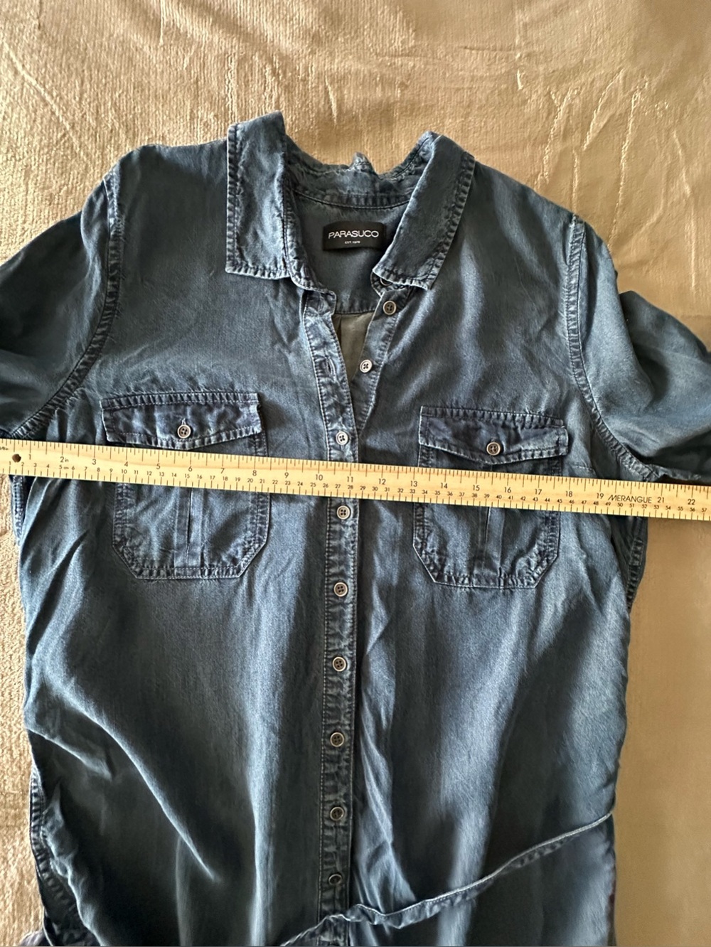 Parasuco Denim Shirt Dress XL Blue Button Front Costal Western Chic Tunic Dress - Picture 11 of 12